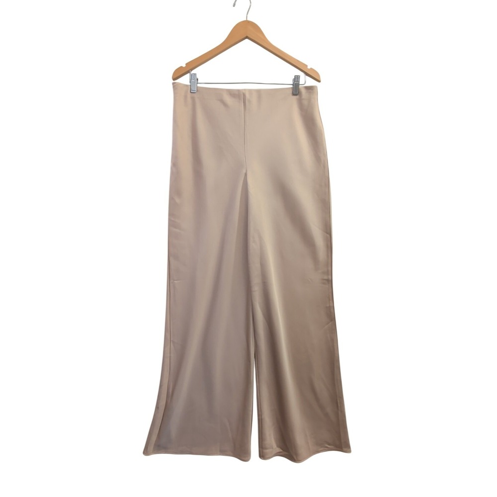 Rachel Roy Wide Leg Satin Pants Womens 12 Beige Pull On Elastic Waist Dressy